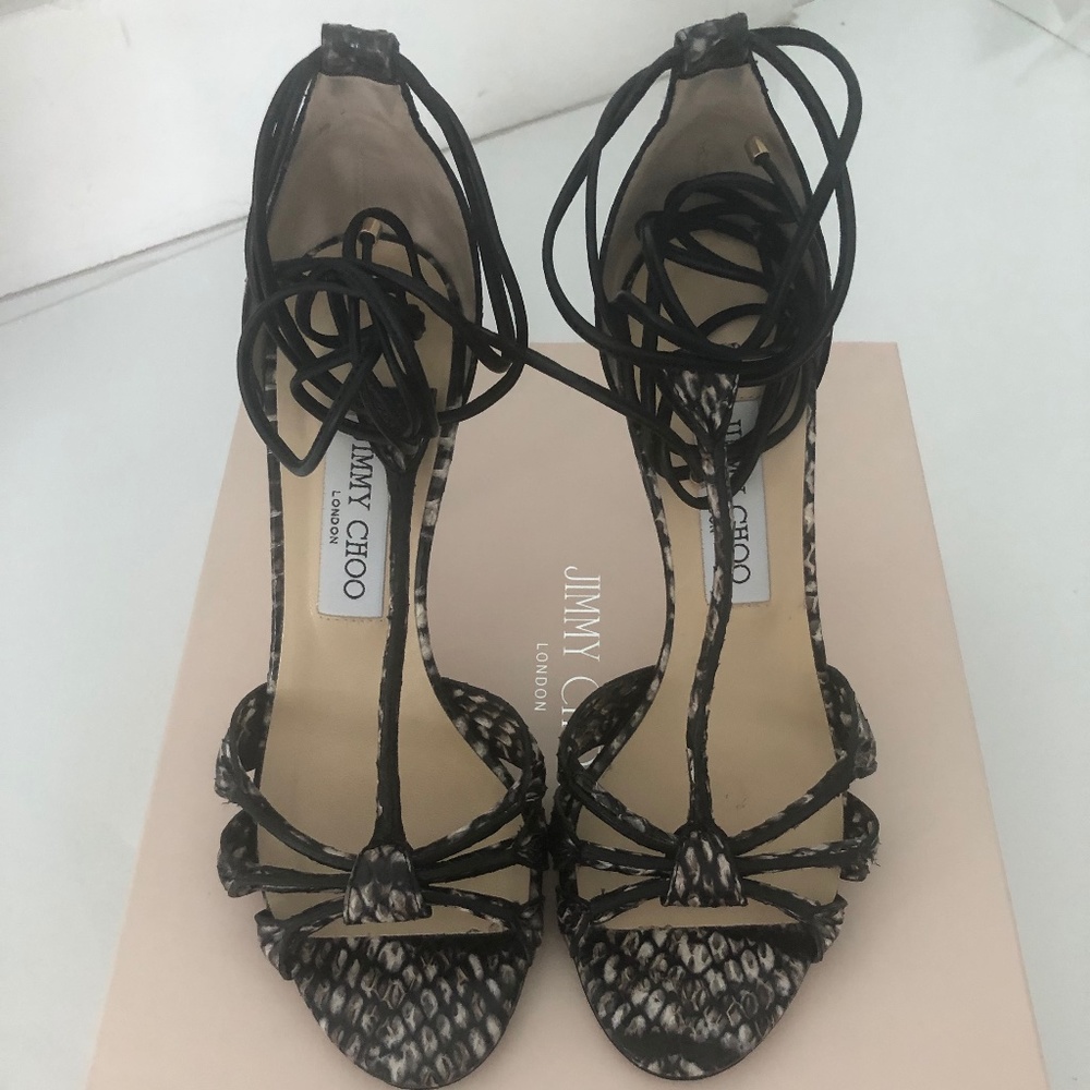 Jimmy Choo Snake Skin Ankle Tie Sandal Heels